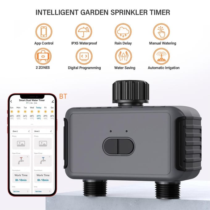 Minuterie d'arrosage 2 sorties Système d'arrosage automatique Minuterie d'irrigation avec contrôle APP/voix US plug black