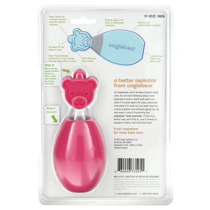 oogiebear, bulb aspirator, pink, 1 aspirator white