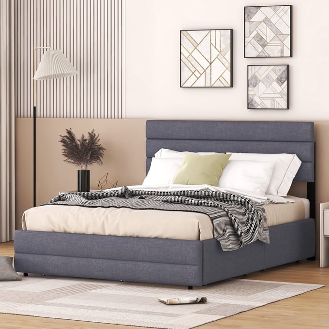 Wishdor Platformbed 140x200 cm – Met Uitschuifbed en 2 Opberglades – Linnen en MDF – Grijs