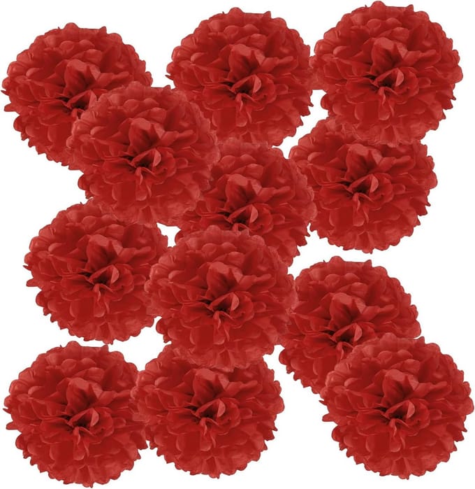 12x Rode Tissue Papier Pompons - Decoratie voor Feestjes en Bruiloften - 10cm