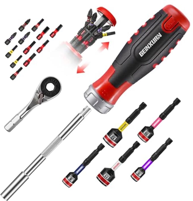 19-delige ratelschroevendraaier set met ergonomische handgreep en 12 bits
