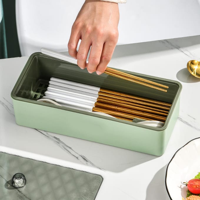 Opbergdoos voor eetstokjes en lepels Plastic Multifunctionele Bestekdoos met Stofdeksel Afdruiprek black