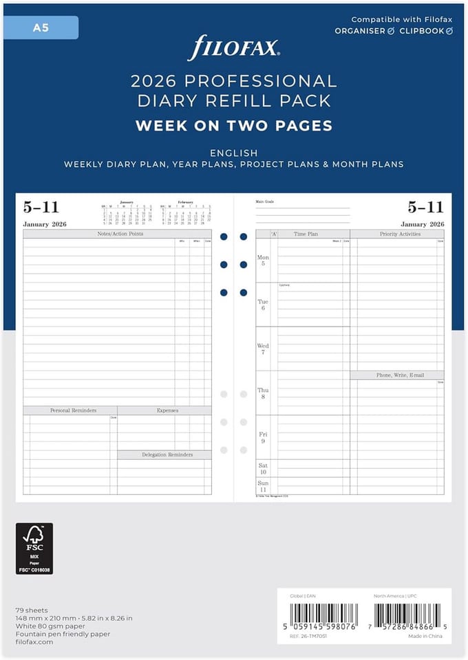 A5 Agenda Refill 2026 Week-op-Twee-Pagina's Engelstalig Planner Inlegvel