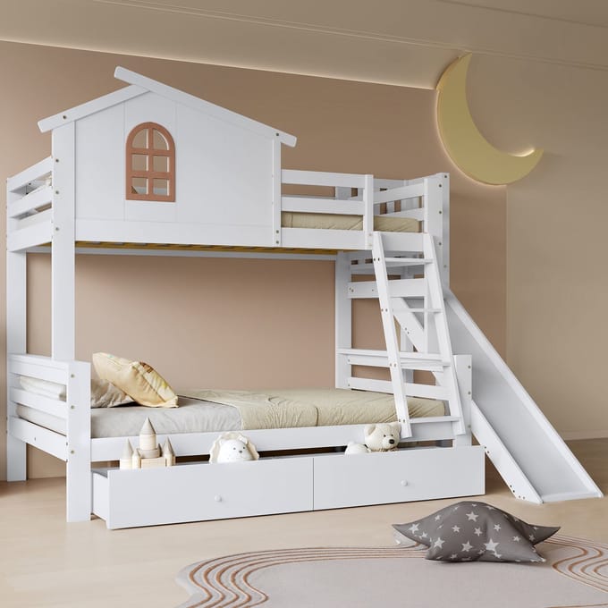 Sweiko Stapelbed - 90x200 + 120x200 cm - met glijbaan - 2 lades - Kinderbed - Wit