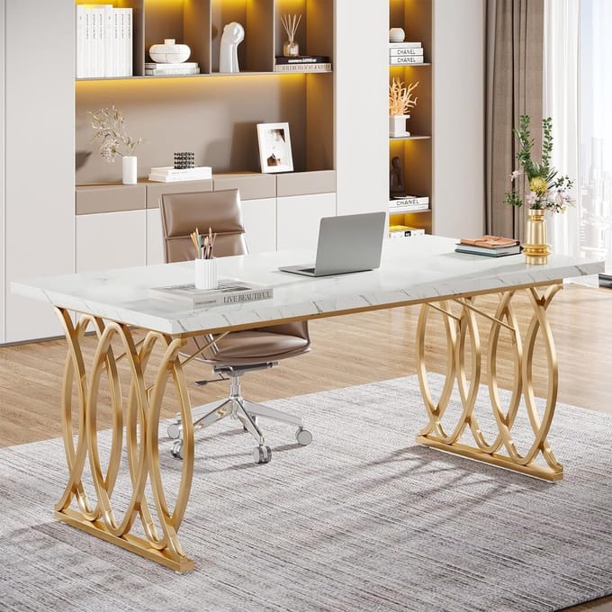 TRIBESIGNS - Computertafel - Bureau voor Thuiskantoor - Met Gouden Poten - Modern - Goud en Wit - 160 x 80 x 75 cm