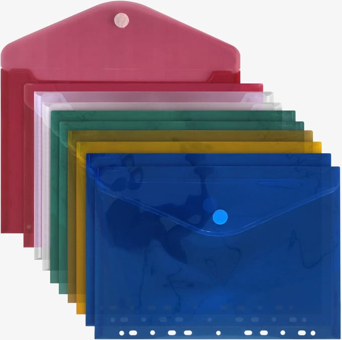 Documentenmap A4 - 10 stuks, 31 x 24 cm, Geperforeerd, Met klittenbandsluiting - Documententas, Projectmap - Assortiment kleuren - ACROPAQ