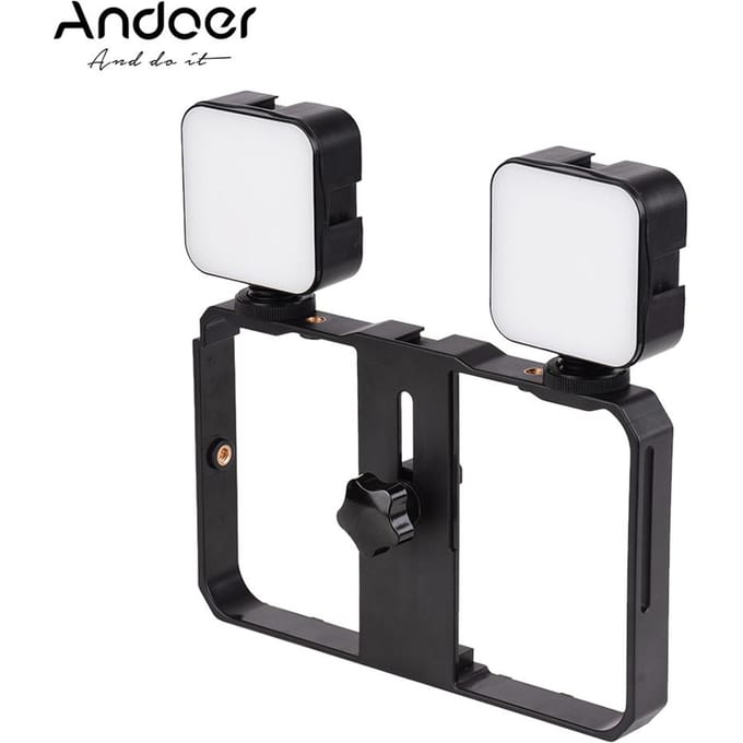 Mini LED Videolamp 5W Fotografie Invullicht 6500K Dimbaar, 2 stuks + Handheld Smartphone zwart