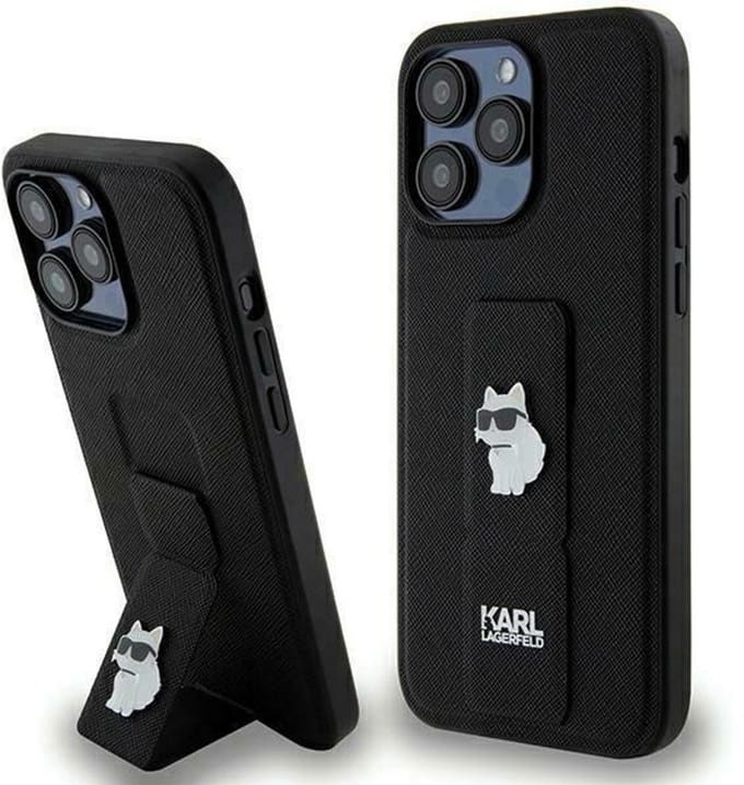 Karl Lagerfeld Gripstand Saffiano Choupette Pins Case for iPhone 13 Pro / 13 - Black