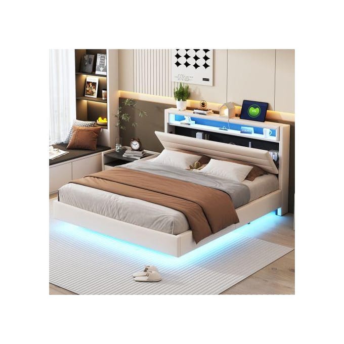Lit capitonné - MUVOE - 160x200 cm - Prise USB - Éclairage LED - Tête de lit réversible beige