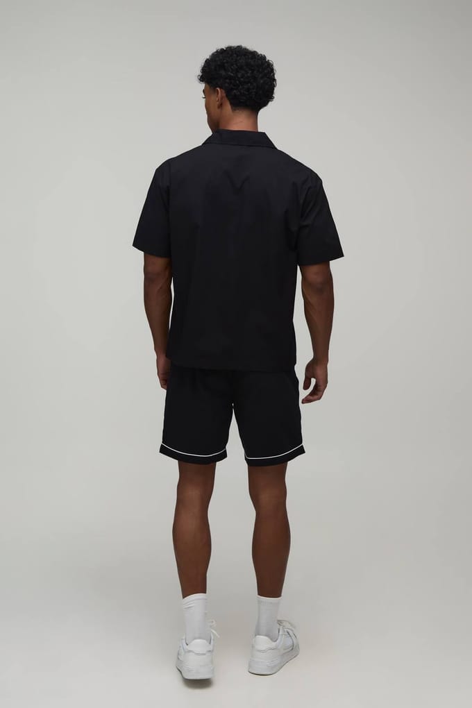 Katoenen Popeline Oversized Shirt & Relaxed Short Set Met Biesdetail | Black | Size Medium