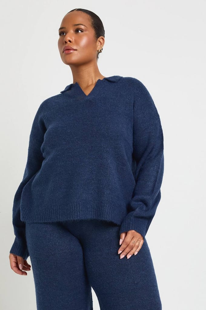 boohoo Dames Plus Kraag Gebreide Lounge Set | Navy | Maat: 16