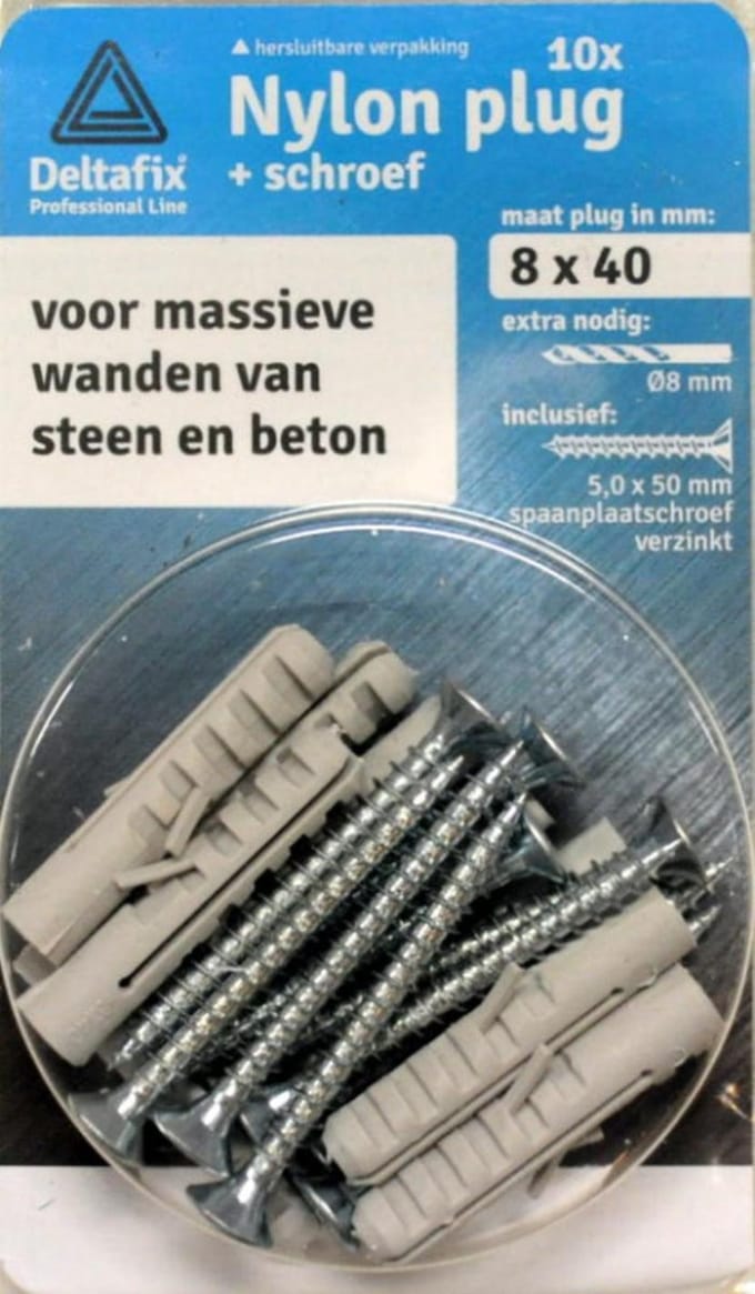 Deltafix nylon plug / met spaanplaatschroef grijs 8 x 40 mm 10 st.