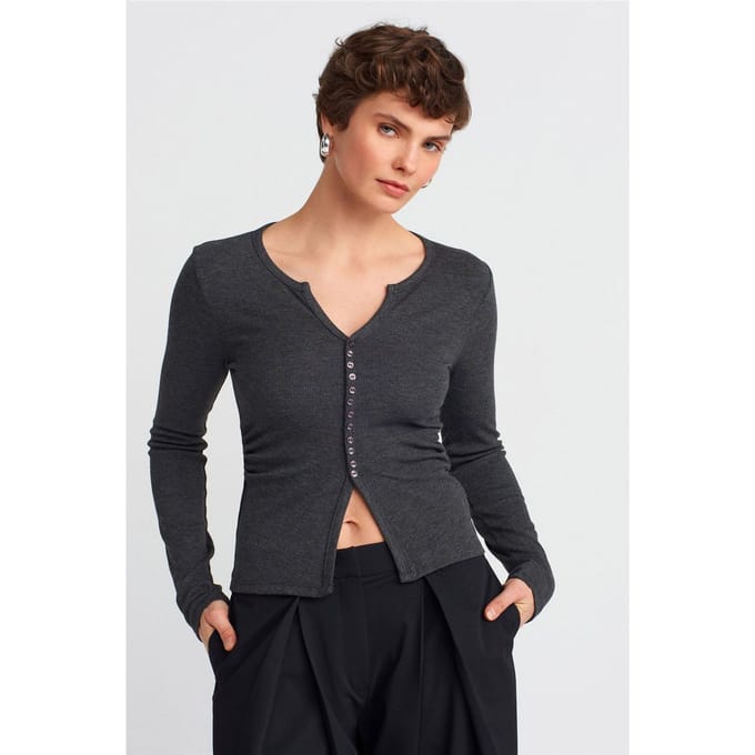 Slim Fit Geribbelde Blouse met Knoopsluiting