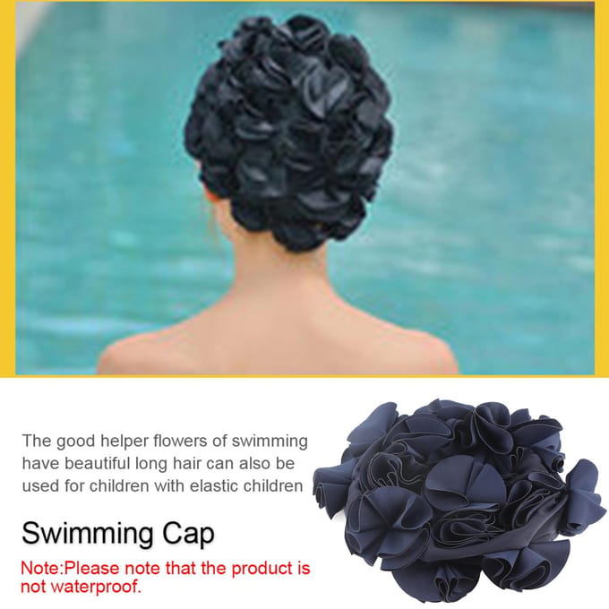 Vrouwen Kinderen Bloemvorm Mode Elastische Zwemmuts Lang Haar Zwemkap (Blauw) black