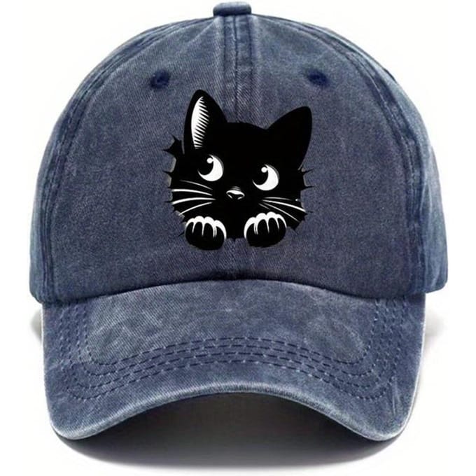 Casquette de baseball imprimée chat avec design mignon et chapeau outdoor réglable à queue (Navy Blue,Adjustable) bleu marine