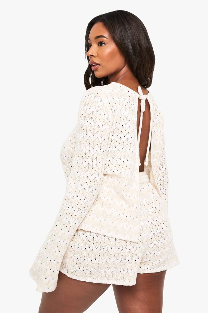 boohoo Dames Plus Zig Zag Gebreide Tie-Front Strandtop | Beige | Maat: 46