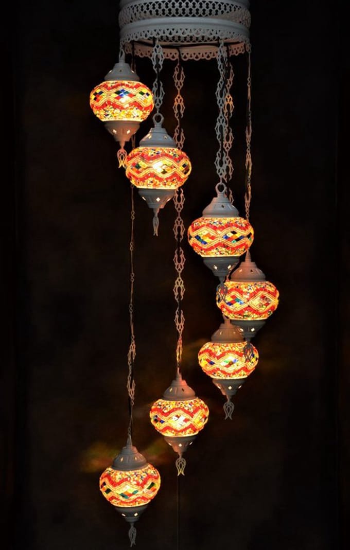 Hanglamp multicolour groen glas mozaïek Oosterse lamp kroonluchter Crèmewit 7 bollen