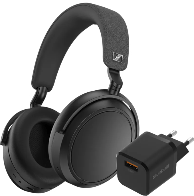Sennheiser Momentum 4 Wireless Zwart + BlueBuilt Quick Charge Oplader met Usb A Poort 18W