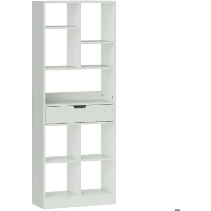 Bibliothèque - MUVOE - 9 étagères - 1 tiroir - 60 x 26 x 158 cm - Blanc blanc