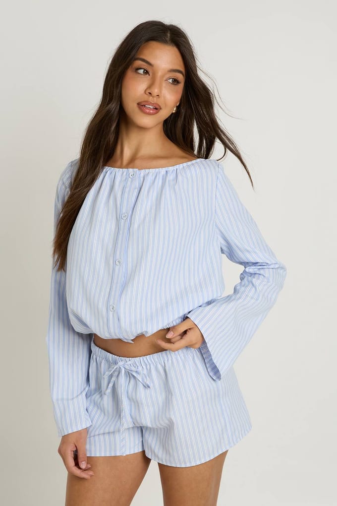 boohoo Dames Gestreepte Shorts Met Lage Taille En Trekkoord | Blauw | Maat: 44