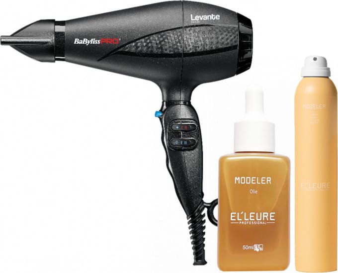 Babyliss PRO Ionic Levante Föhn + Elleure Modeler Olie 50ml + Haarlak 300ml