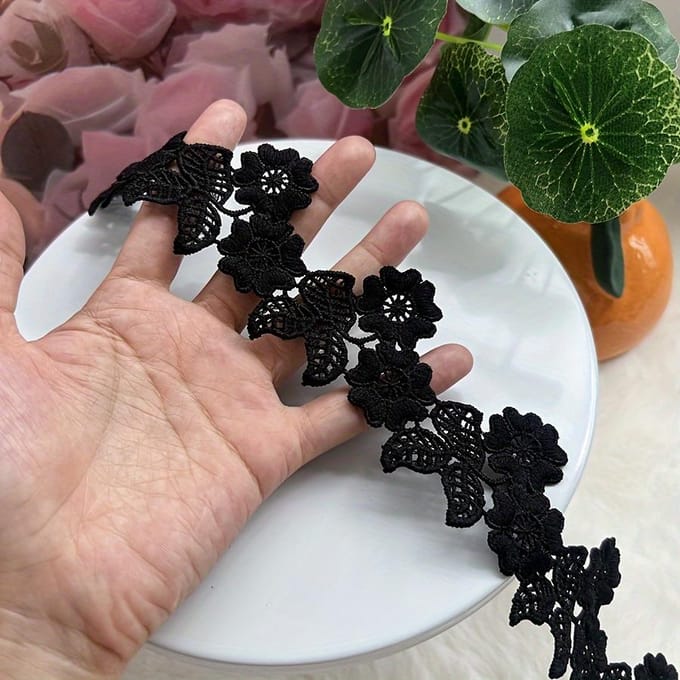 1 Yard Bloemig Kantrand Lint, Wateroplosbare Stof, DIY Naaiproject Decoratie 5,5 cm Breedte black