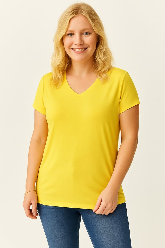 Dames XL V-Hals Basic Kortemouw T-Shirt, Geel