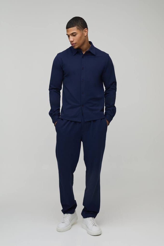 Regular Fit Shirt met Lange Mouwen en Toelopende Broek Set | Navy | Size Small