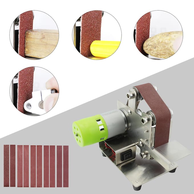 Mini Bandschuurmachine Elektrische Schuur Polijst Slijpmachine 7 Variabele Snelheid met 10 Schuurbanden EU plug & 30mm belt zilver
