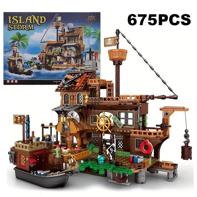 Blocs de Construction Créatifs Château Forteresse d'Île Pirate Médiévale Bateau d'Aventure Cabane en Bois Briques à Assembler Jouet Cadeau Enfant