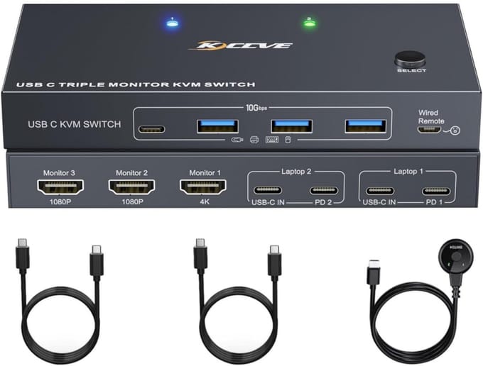 KVM Switch USB-C 2 Laptops 3 Monitoren 4K, Dockingstation met 80W PD Opladen en USB 3.2