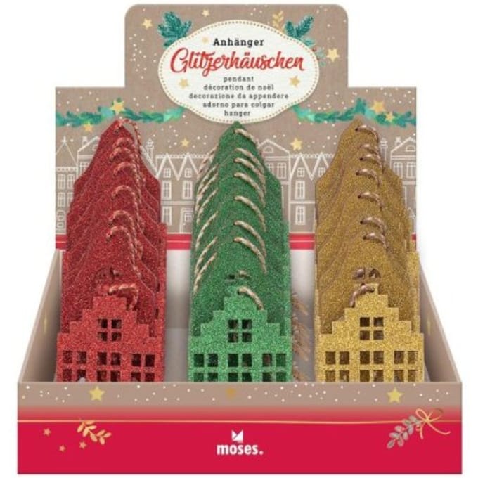 Kerst hanger glitter huis 6 assorti