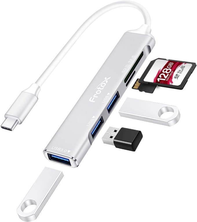 USB C Hub 5-in-1 met SD & Micro SD Kaartlezer, 1x USB 3.0 en 2x USB 2.0 Poorten - Compacte USB-C Adapter Zilver