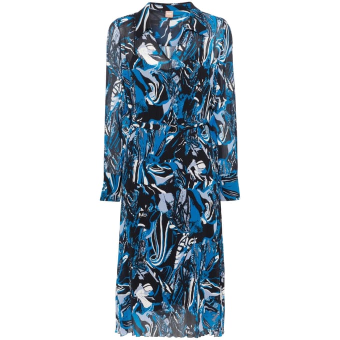 Boss Daplisa geplooide midi-shirtjurk voor dames (Blauw/Zwart)