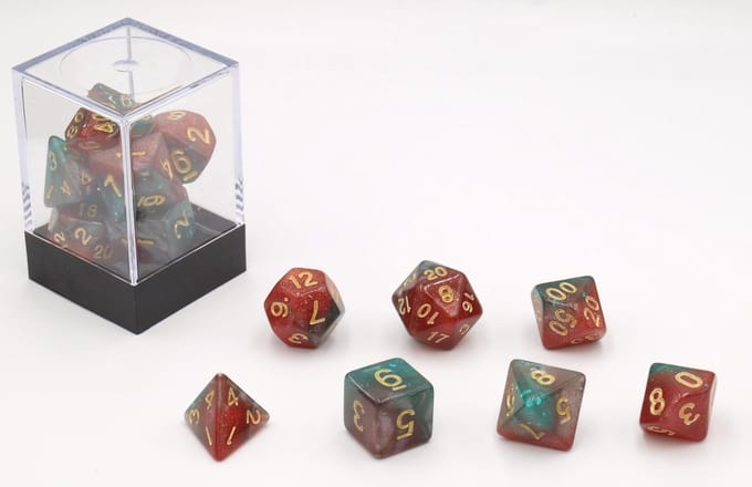 HOT Games dobbelstenen set Stardust rood groen 7-delig kunststof.