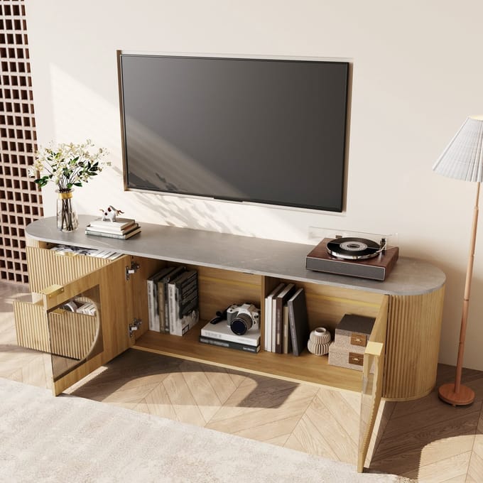OKWISH Tv Meubel - 3D Deurfronten Met Verticale Structuur - Ovale Glazen Vitrine - MDF Naturel - 172×38×45,5 Cm