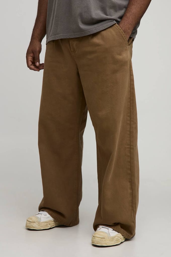 Plus Wide Fit Broek met Half & Half Tailleband van gewassen twill | Tobacco | Size Medium