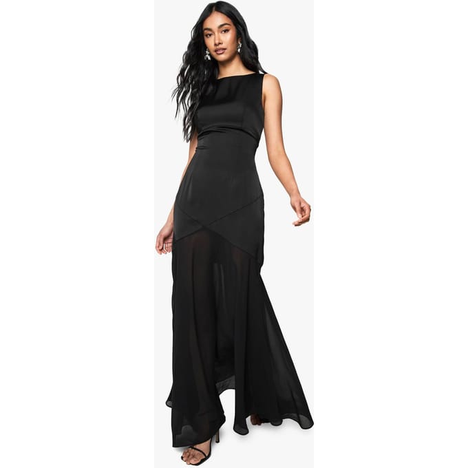 boohoo Dames Satijn en chiffon mix geplooide maxi-jurk | Zwart | Maat: 42