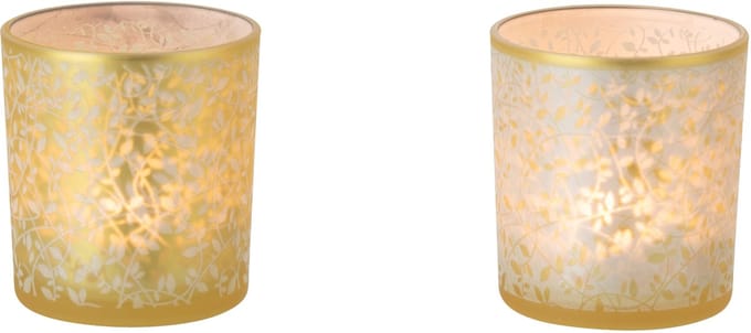J-Line theelichthouder Bladeren - glas - goud/wit - small - set van 2