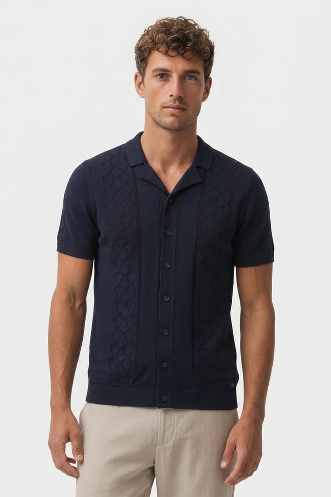 No Excess Pullover Short Sleeve Full Button Polo Solid Jacquard Night Größe: XXL | Casual hemden Outlet | Herren | Schwarz