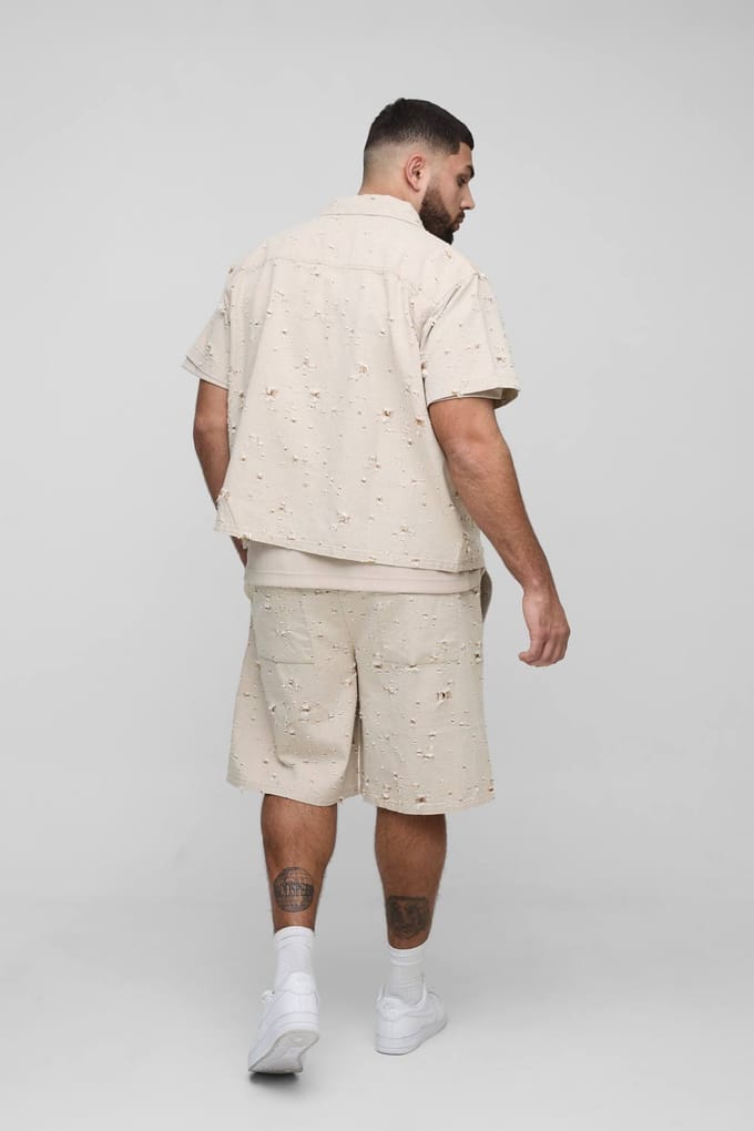Plus Nibbled Denim Boxy Oversized Revere Shirt | Stone | Size 2XL