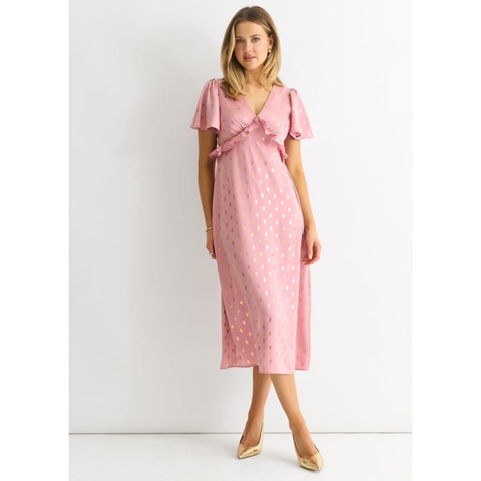 Blush Metallic Folie V Hals Midi Dress