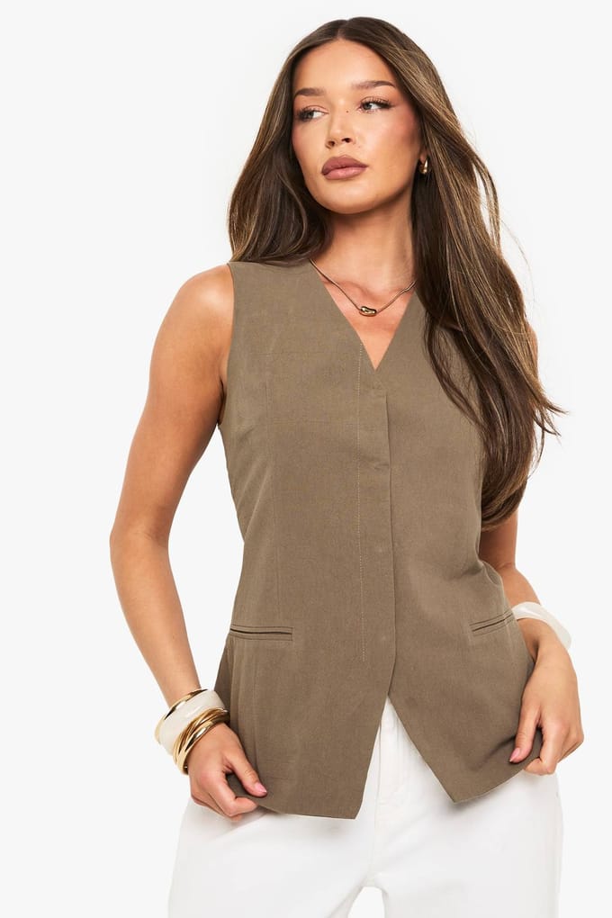 boohoo Dames Linnen Longline V-Hals Getailleerde Weste | Kaki | Maat: 34