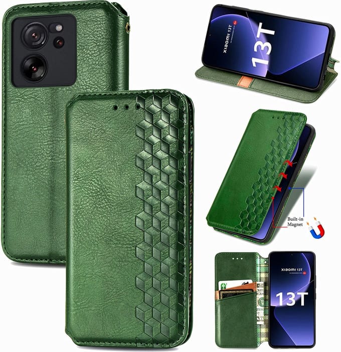 Luxe PU Lederen Ruitpatroon Wallet Case + Screenprotector voor Xiaomi 13T / 13T Pro _ Groen