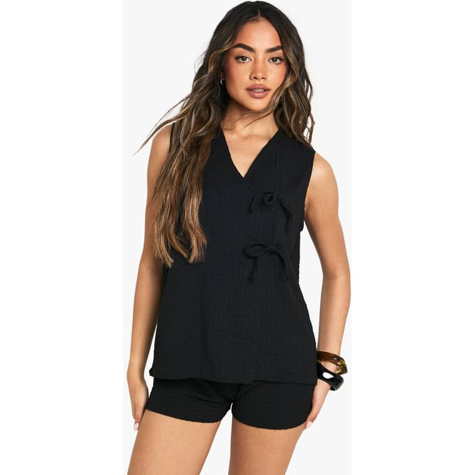 boohoo Dames Textured Tie Front Sleeveless Top | Zwart | Maat: 34