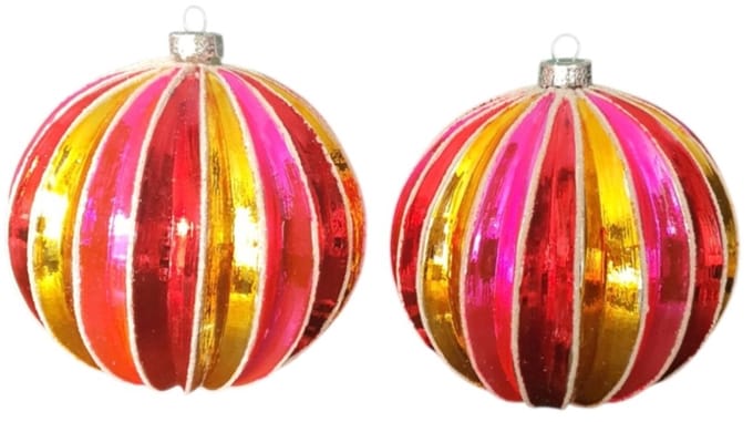Mica Decorations Hang ornament kerstbal met streep ,D15cm,Set van 2