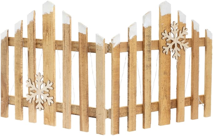 ECD Germany decoratief houten mini tuinhek 77x38 cm verlicht met 30 warm witte LED inclusief 2 sneeuwvlokken op batterijen met timer kunstsneeuw paaltjeshek kerstversiering winterhek kerstboom decoratie voor tuin en kerstdorp