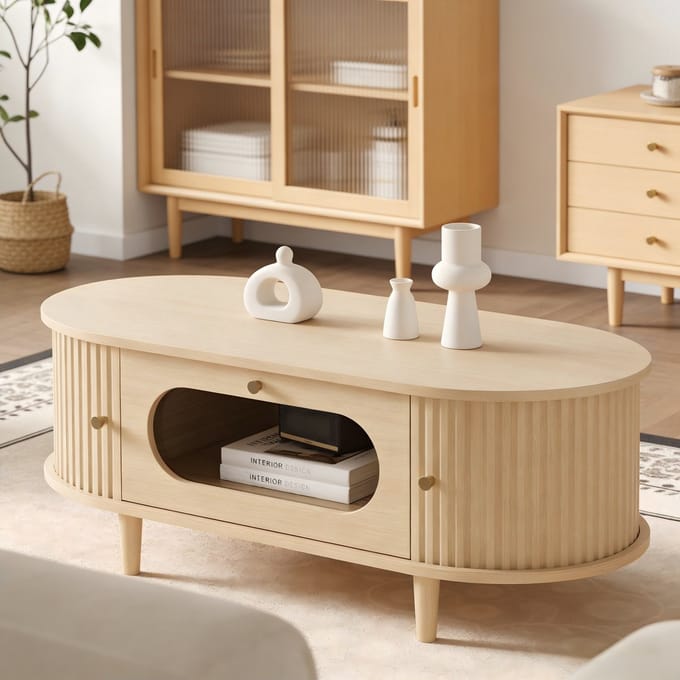 PHOEBE CAT Salontafel - Met lade - Schuifdeuren - 100 x 50 x 36 cm - Licht eiken