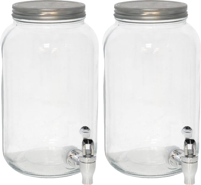 Gerimport Drank dispensers - 2x - 3L - met metalen deksel en kraantje - glas