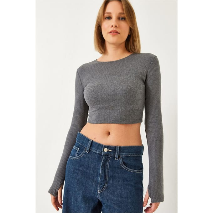 Gestructureerde Ribbels Cropped Blouse met Ronde Hals